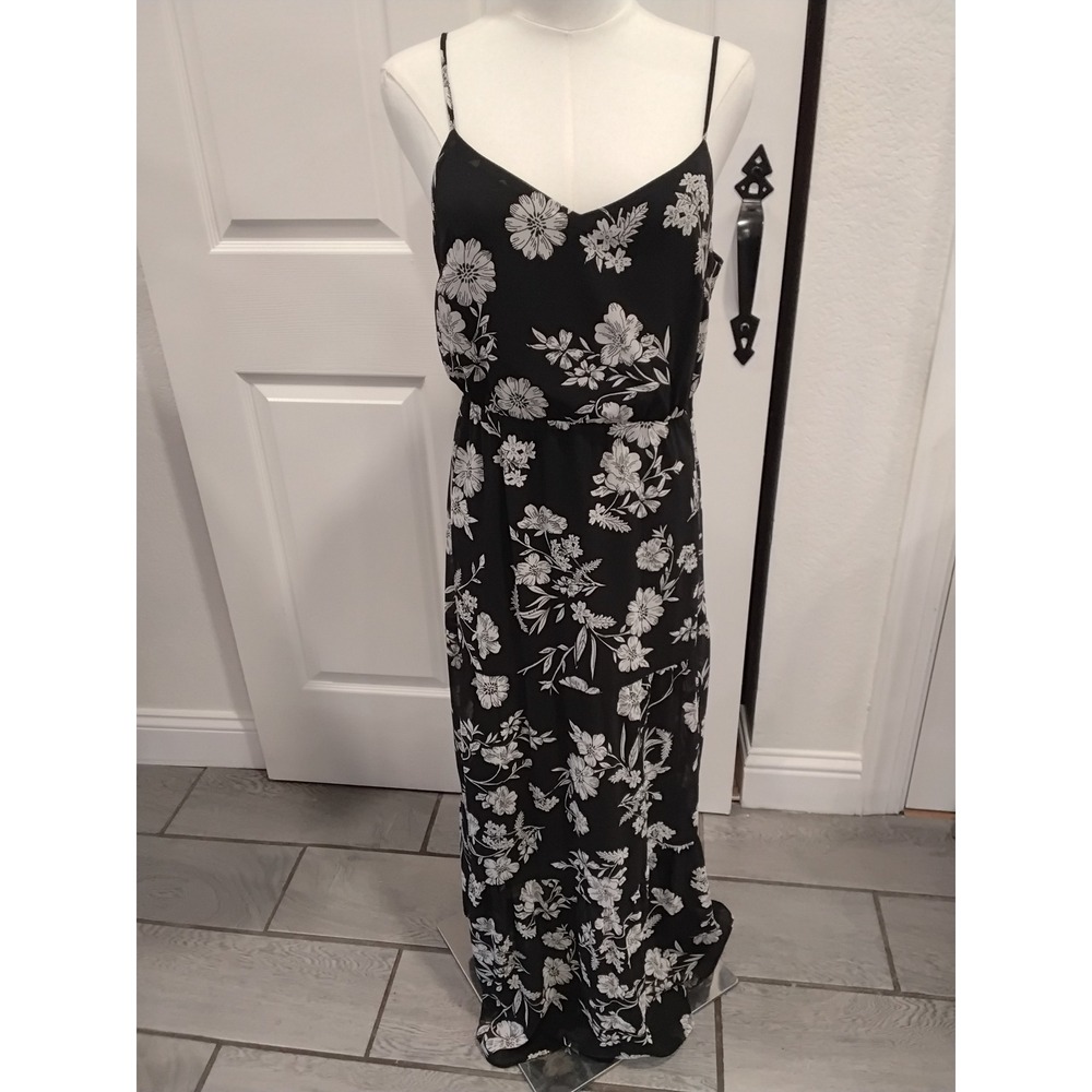 J.Crew Mercantile Black White Floral Maxi Dress Tiered Spaghetti Strap Size‎ 8